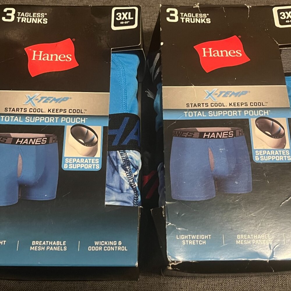 6 NEW PAIRS OF MENS 3XL BOXER BRIEFS BY HANES, X TEMP COOLING W/ SUPPORT POUCH